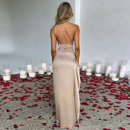 Sexy One-shoulder Backless Slit Dress Summer Elegant Slim-fit Solid Color Satin Dresses For Women - NOMAN STORE LLC