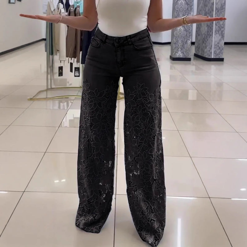 Y2K Lace Flowers Hollow Jeans Fashion High Waist Straight Wide Leg Pants Solid Color Trousers Women's Clothing abd23546-94a8-4b80-883e-40ac7792996a