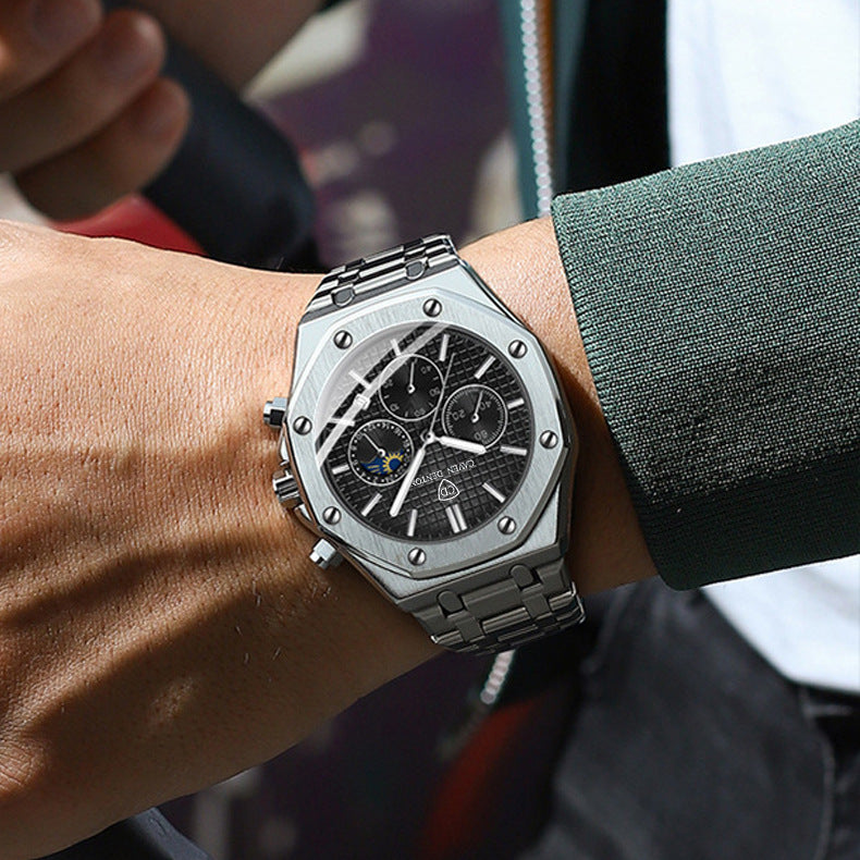 Waterproof High-grade Three Eyes And Six Needles Multi-functional Moon Phase Men's Steel Strap Watch b79cacde-6a6e-4719-8af6-e30a202e81c2