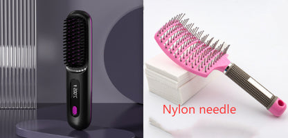 2 In 1 Straight Hair Comb Wireless Hair Straightener Brush Hair Fast Heating Portable Hot Curler USB Charging - NOMAN STORE LLC