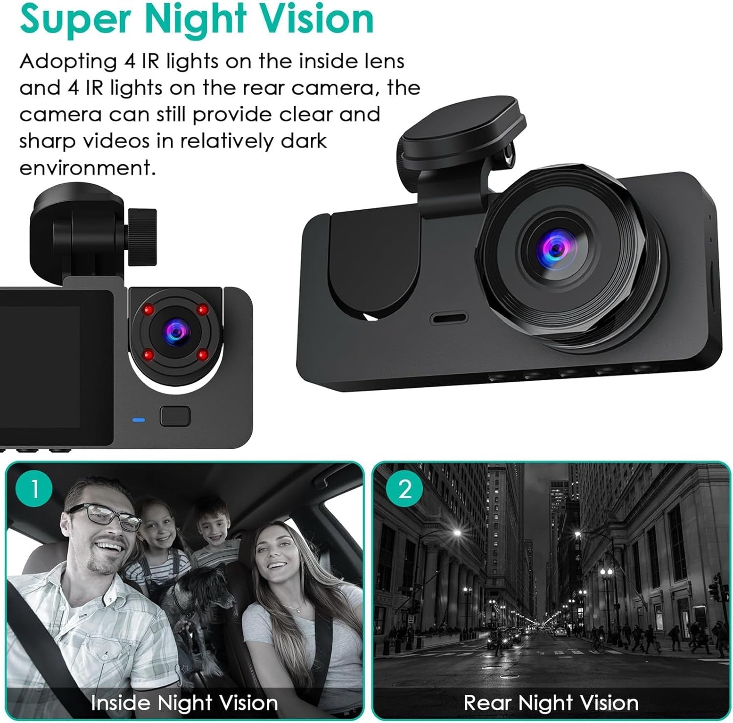 3 Channel Dash Cam, 1080P Dash Cam Front And Rear Inside, Three Way Dash Camera For Cars, Car Camera With 32GB Card, 24H Parking Mode, Loop Recording, Super Night Vision - NOMAN STORE LLC