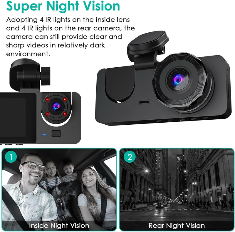 3 Channel Dash Cam, 1080P Dash Cam Front And Rear Inside, Three Way Dash Camera For Cars, Car Camera With 32GB Card, 24H Parking Mode, Loop Recording, Super Night Vision b9008fcb-4cec-4df2-9311-65e0f195a528
