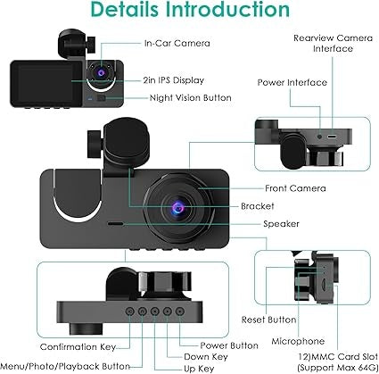 3 Channel Dash Cam, 1080P Dash Cam Front And Rear Inside, Three Way Dash Camera For Cars, Car Camera With 32GB Card, 24H Parking Mode, Loop Recording, Super Night Vision b948a5f9-3495-467e-b72f-fd50765df2a1