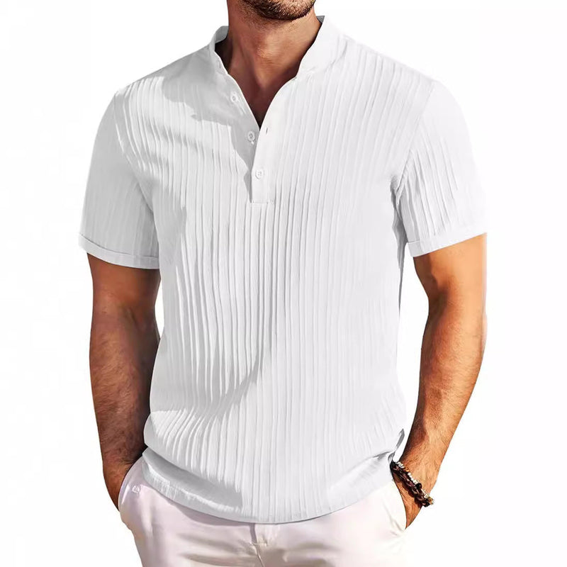 Summer Stand Collar Buttons Short Sleeve T-shirt Solid Color Stripe POLO Shirt Fashion Casual Beach Clothing For Men c428eafb-83c2-4ad9-af38-676b96a30c74