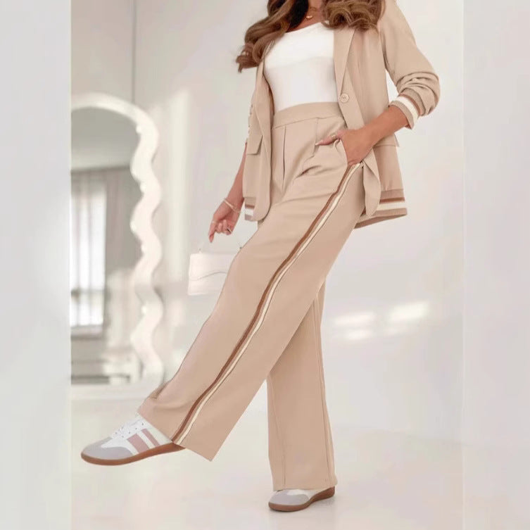2 Pcs Set Women Suit Coat Pants Suit Lapel Long Sleeves Lady Jacket Wide Leg High Waist Trousers Female Commuting Office Outfit cbc5df81-21d8-4a97-9828-c527fe459588