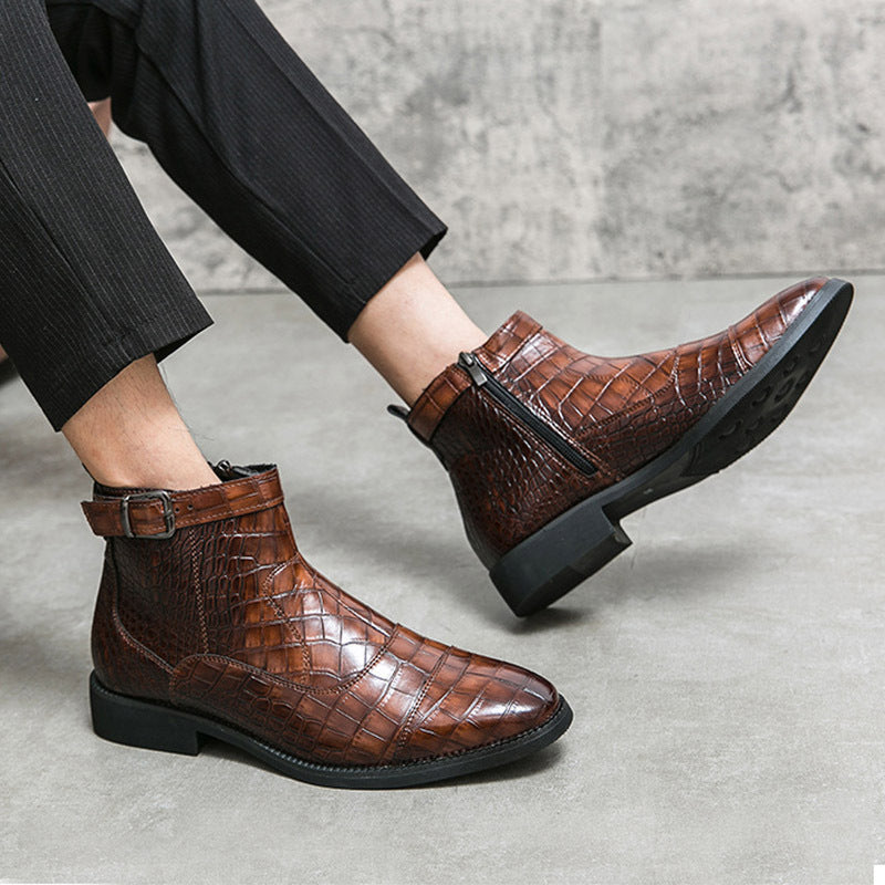 Men's Crocodile Pattern Boots Fashion Pointed Toe Low Square Heel Buckle Zipper Ankle Boots Business Formal Leather Shoes cdf2031c-7170-491e-b3dd-6ffcd7a64f91