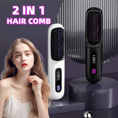 2 In 1 Straight Hair Comb Wireless Hair Straightener Brush Hair Fast Heating Portable Hot Curler USB Charging d0564d84-61e4-40ec-9780-a1f0aeada15d