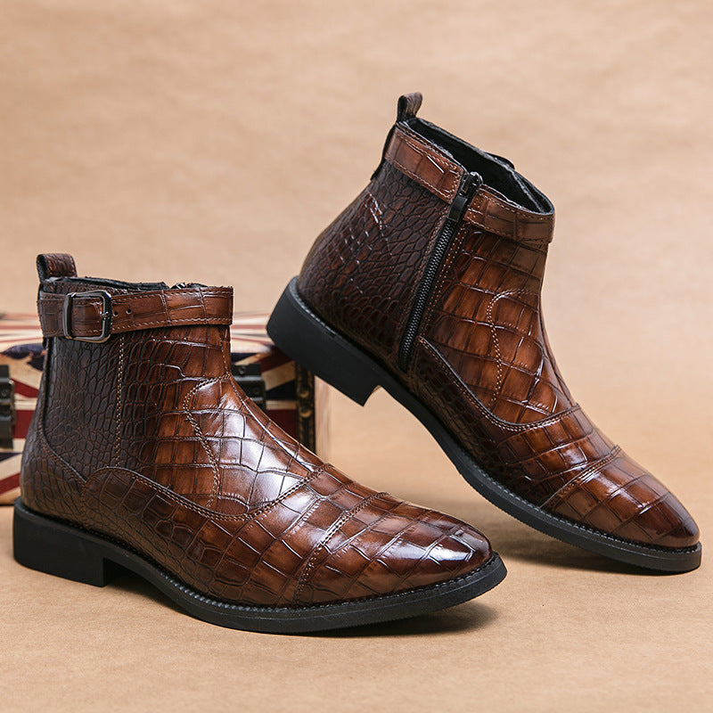 Men's Crocodile Pattern Boots Fashion Pointed Toe Low Square Heel Buckle Zipper Ankle Boots Business Formal Leather Shoes d7e18300-bf9e-4eef-86d0-c3182a187d6c