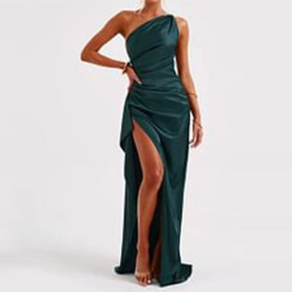 Sexy One-shoulder Backless Slit Dress Summer Elegant Slim-fit Solid Color Satin Dresses For Women - NOMAN STORE LLC