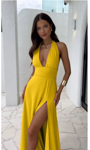 Sexy Halterneck V-neck Slit Dress Summer Backless Strappy Skirt Fashion Temperament Clothing Women e740da17-adf9-458d-be10-f01c6c8aefb6