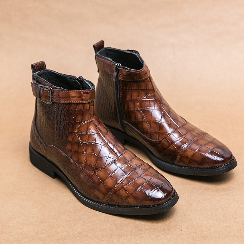Men's Crocodile Pattern Boots Fashion Pointed Toe Low Square Heel Buckle Zipper Ankle Boots Business Formal Leather Shoes eb065e7b-9363-4366-8e14-e5db54b0149e