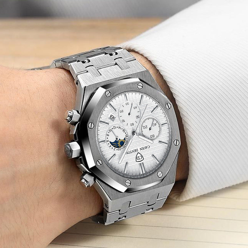 Waterproof High-grade Three Eyes And Six Needles Multi-functional Moon Phase Men's Steel Strap Watch ec689097-edd3-4612-b77b-26da5d8beef6