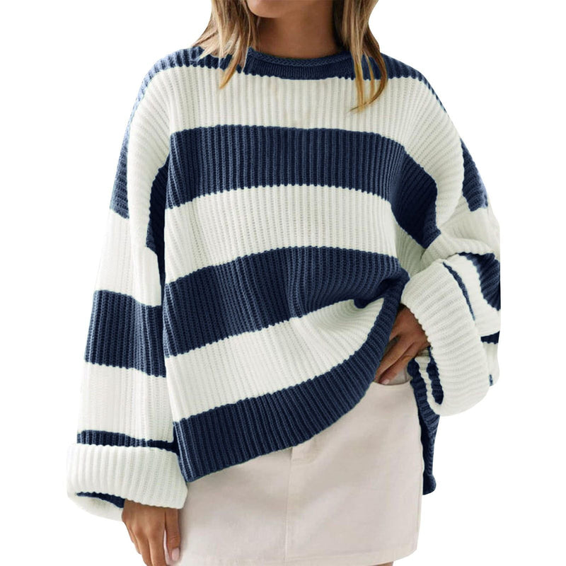 Loose Striped Sweater Fashion Casual Long Batwing Sleeve Round Neck Pullover Knit Tops Women Clothing f042d61b-8a11-4756-963b-1983673154e5