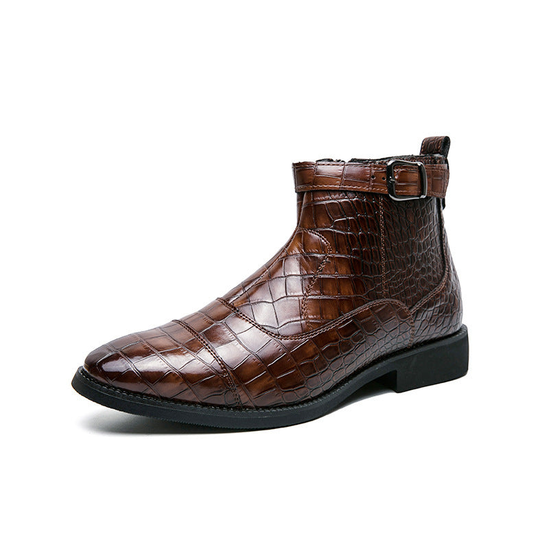 Men's Crocodile Pattern Boots Fashion Pointed Toe Low Square Heel Buckle Zipper Ankle Boots Business Formal Leather Shoes fca7ab56-9cb2-4500-b8f1-14cee677f3e0